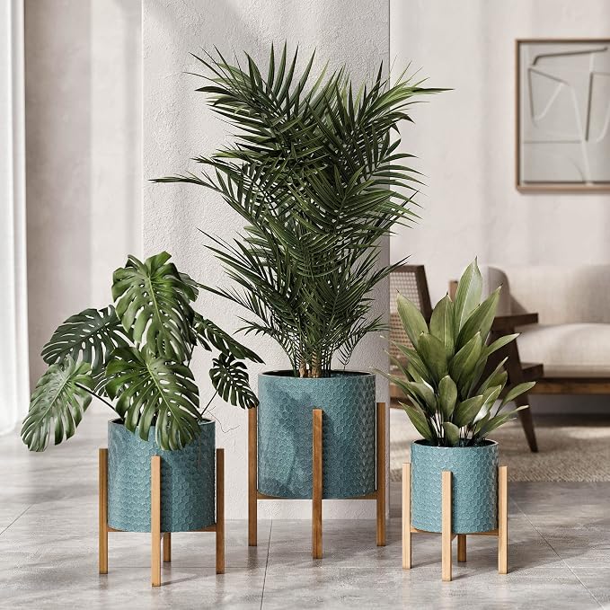 EverNest Mid-Century Modern Rhys Honeycomb Embossed Planter Pot with Kinsley Wood Stand, Metal Indoor Pots, Blue Green Bohemian Style (Small, 1 Gallon)