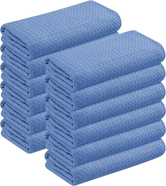 Sky Blue Kitchen Dish Towels Set of 12-100% Cotton Waffle Weave, Super Absorbent, Soft, Quick Drying, 16x26 Inches, Ideal for Cleaning, Bar, Tea, and Everyday Use, Light Blue