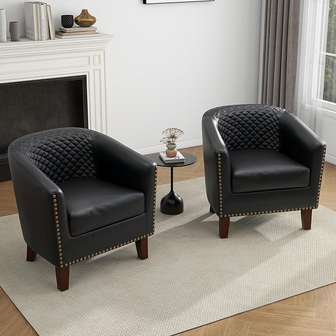 UIXE Faux Leather Barrel Accent Chairs Set of 2, Modern Club Upholstered Arm Chair, Comfy Armchair Nailed Trim Living Room Single Sofa Reading Seat Bedroom Side Sitting for Office, Black