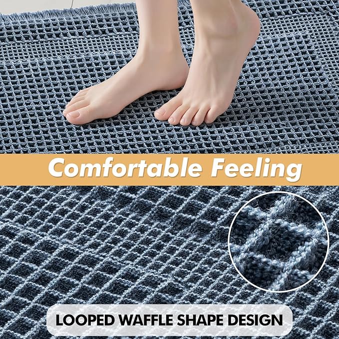 MIULEE Set of 2 Waffle Bathroom Rugs, Boho Bath Rug Super Absorbent, Non Slip Washable Ultra Soft Rubber Backed Shower Bath Mats for Floor, Tub, Shower, Looped Design, Blue, 24x36 Inch