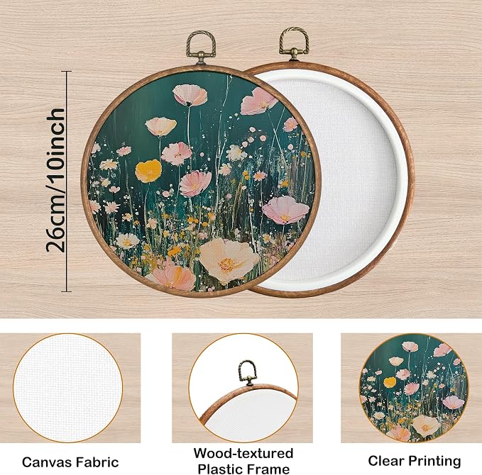 KSDUT Retro Aesthetic Floral Green Wall Art Decor - Botanical Neutral Mid Century Modern Wall Art Canvas Frame Hanging Prints, Vintage Landscape Round Wall Art Decor for Home Decorations 10"x10"