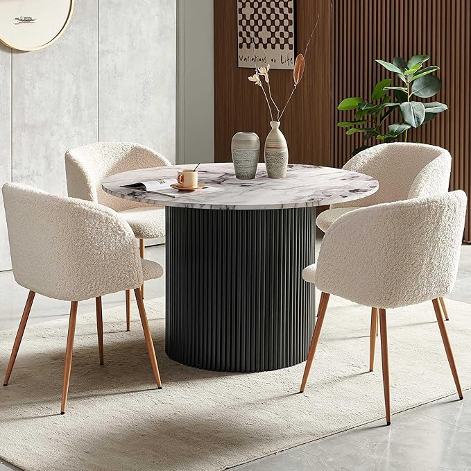 47" Round Dining Table Set for 4,Industrial Circle Kitchen Table Set with Off White Sherpa Barrel Dining Accent Side Chairs Set for Coffee Shop, Two-Part White Marble Look Tabletop