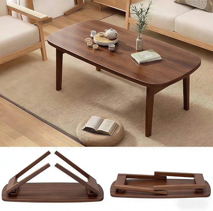 Foldable Coffee Table, Sofa Table, Coffee Tables for Living Room，Minimalist Solid Wood Side Table, Foldable Legs, Walnut Color.(31.5IN)