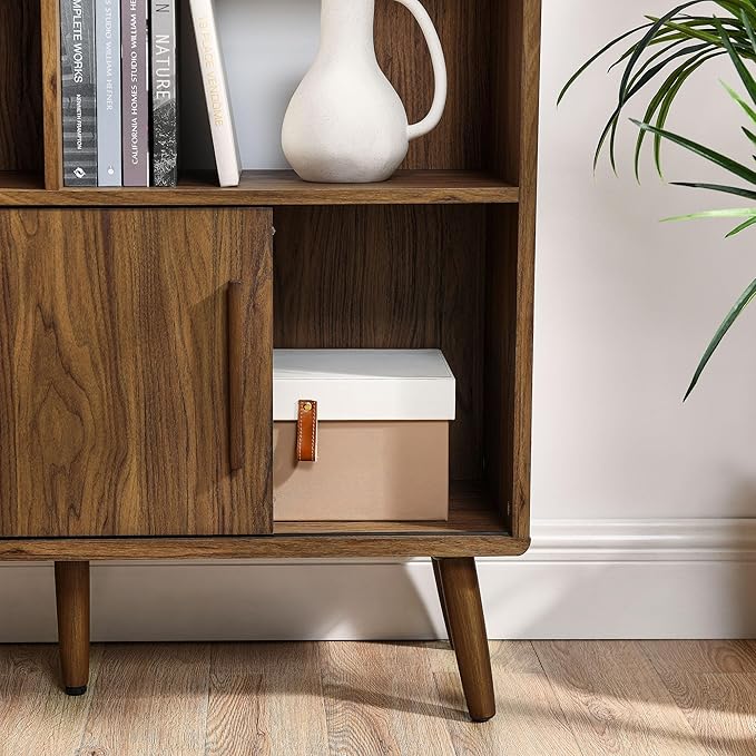 Modway Transmit 14 Shelf Bookcase with Sliding Doors in Walnut - 59 Inch Wood Mid-Century Modern Bookshelf - 4 Tier Wide Open Display Storage Cabinet for Living Room, Office, Hallway