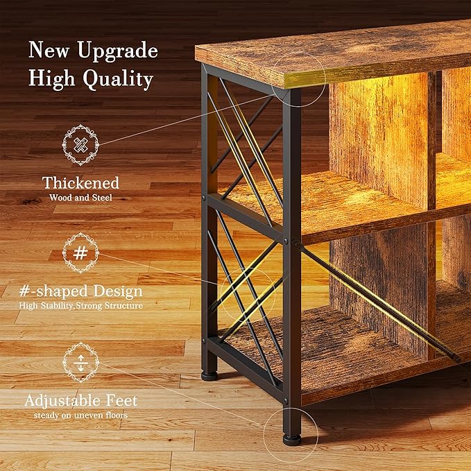 DurayLoly 6 Cube Storage Shelf with LED Light and Charging Station, Wood and Metal Cube Shelf as Long Horizontal Book Shelf for Bedroom Home Office, Rustic Brown