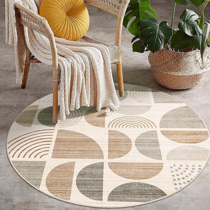 MUJOO Round Rug 4ft,Small Circle Area Rug Washable,Circular Rugs for Entryway Bedroom Kitchen,Boho Non Slip Throw Floor Carpet Modern Abstract Bohemian Neutral Beige