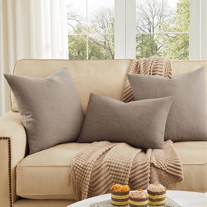ZeeMart Rustic Cotton Linen Throw Pillow Covers Set of 2, 24x24 Inch Cocoa Brown, Farmhouse Style Decorative Couch Pillow Cases Cushion Covers for Sofa Bed Living Room Home Decor