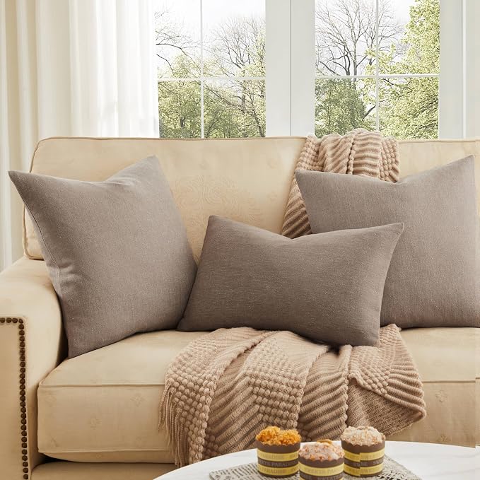ZeeMart Rustic Cotton Linen Throw Pillow Covers Set of 2, 18x18 Inch Cocoa Brown, Farmhouse Style Decorative Couch Pillow Cases Cushion Covers for Sofa Bed Living Room Home Decor