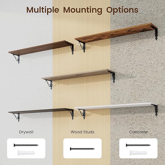 RICHFOCUS Floating Shelves for Wall Decor, 39.4W x 8D Shelves Set of 2, 8 Inch Deep Rustic Wood Shelves Wall Mounted with Brackets, Long Floating Shelves for Living Room Bedroom Kitchen, Walnut