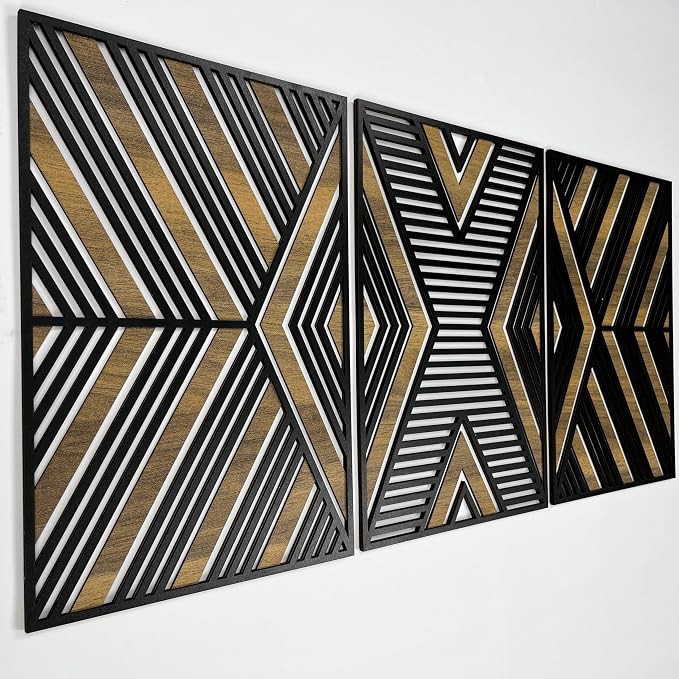 Art Deco Style Geometric Wood Wall Art, Mid Century Modern Wooden Wall Art Panel, Large Wall Decor for Bedroom, Office or Living Room