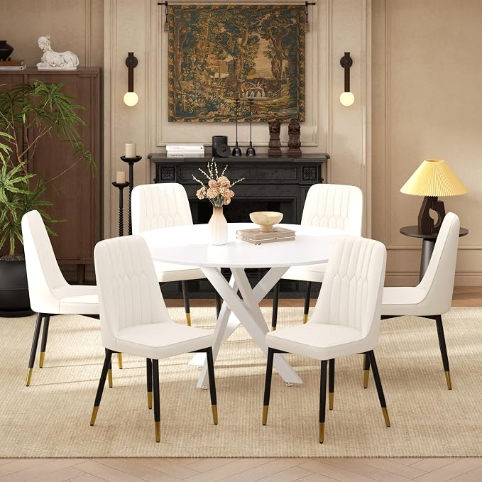 RGZ Mid Century White Round Dining Table Set for 6, 47" Large Wooden Circle Kitchen Table & 6 White PU Leather Kitchen Chairs, Dinner Table Set for Home, Apartment, Dining Room