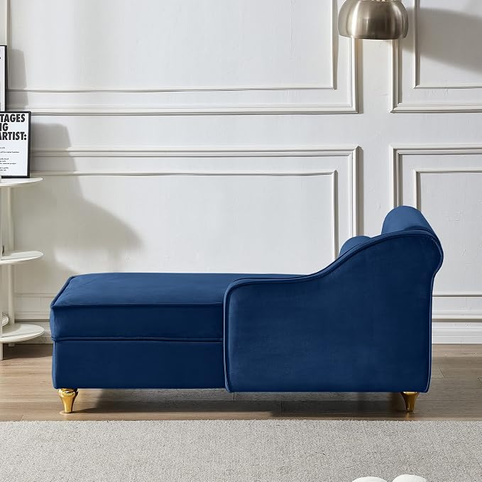 60.6''Velvet Chaise Lounge Indoor, Modern Velvet Lounge Chair with Left Armrest & Lumbar Pillow,Button Tufted Lounge Sofa with Storage for Bedroom, Living Room and Office，Navy Blue