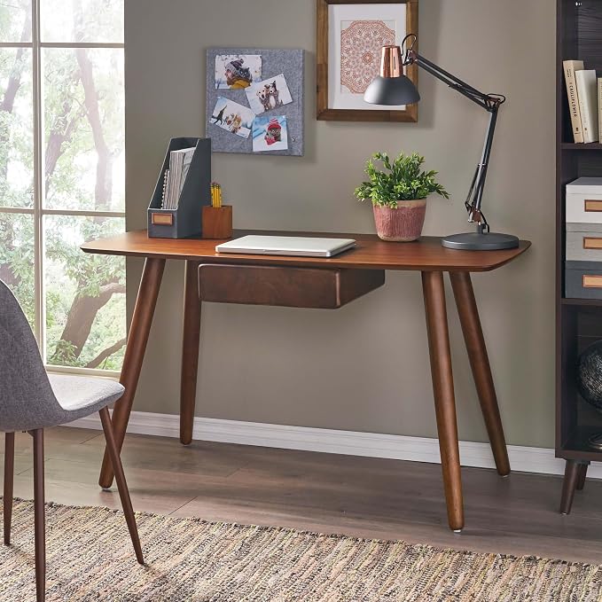 Anwick 53 Inch Writing Desk with Drawers,Wood Desks for Small Spaces,Modern Home Office Desk for Bedroom, Writing Table with Solid Legs for Work and Study, Walnut Finish, Mid Century (Walnut, 53'')