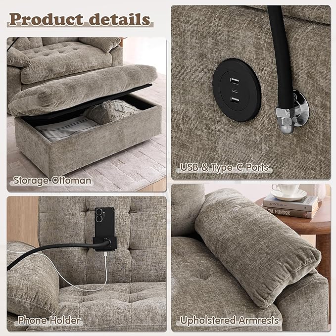 Oversized Chaise Lounge Chair Indoor with Ottoman&Adjustable Backrest,Chenille Tufted Recliner Comfy Loveseat Sofa Chair with USB&Phone Holder,Convertible Sleeper Couch Bed for Living Room(56"W,Brown)