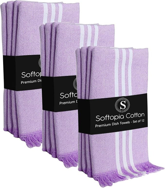 Striped Kitchen Towels 12 Pack, 16x26 Inches, 100% Cotton, Absorbent Dish Towels for Kitchen Drying, Reusable Dishcloths for Cleaning, Quick Dry Wash Rags for Everyday Use - Lavender