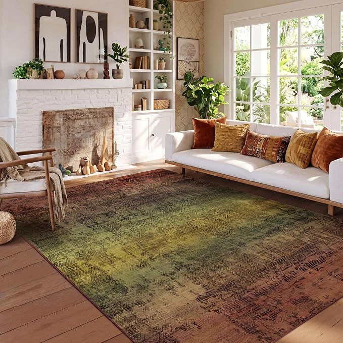 Kokia Abstract Terracotta Area Rugs 8x10 Bedroom Soft Living Room Rugs Washable Distressed Vintage Comfy Carpet with Non-Slip Backing for Farmhouse Home Office Room Decor, Brown and Tan