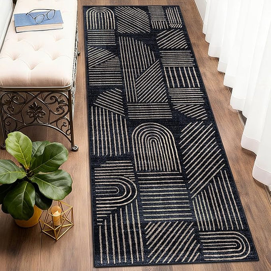 MUJOO 2x6 Runner Rug Washable,Mid Century Modern Abstract Non Slip Low Pile Runner Rug,Black and Gold Rug for Hallway Kitchen Entryway