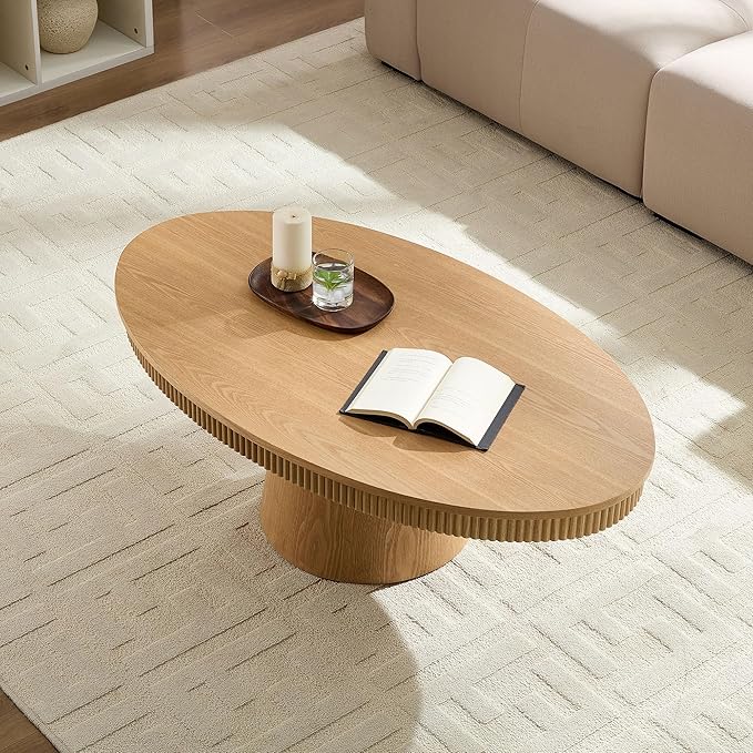 47.24" Oval Coffee Table Modern Handcraft Drum Center Table with Sturdy Pedestal for Living Room Apartment, Oak