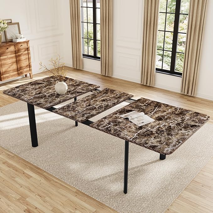 Extendable Dining Table for 6-8 People, 63 to 78.7 Inch Rectangular Table, Brown MDF with Sturdy Metal Legs, Space-Saving for Dining Room, Kitchen, Small Spaces