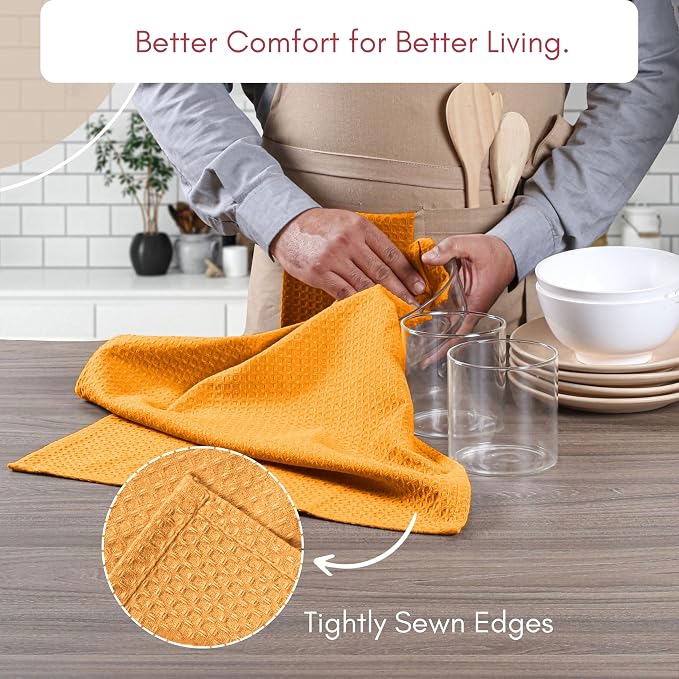 TWINY threads Kitchen Towels Set of 4, 100% Soft Cotton Waffle Weave Dish Towels with Hanging Loop, Reusable for Table Cleaning, Dinning, Parties - 16"x26" - Mustard Yellow