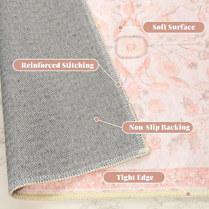 MUJOO 5x7 Area Rugs Washable,Pink Floral Rugs for Living Room Bedroom Dining Room Playroom,Boho Indoor Floor Rug Large Non Slip Throw Carpet Low Pile Vintage