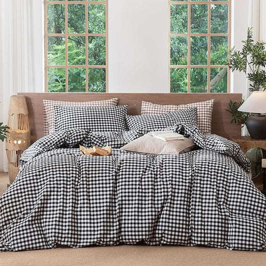 MooMee Gingham Duvet Cover Set 100% Washed Cotton Linen Like Textured Breathable Durable Soft Comfy Modern Checkered Design (Black White Gingham, Full 80"x90")