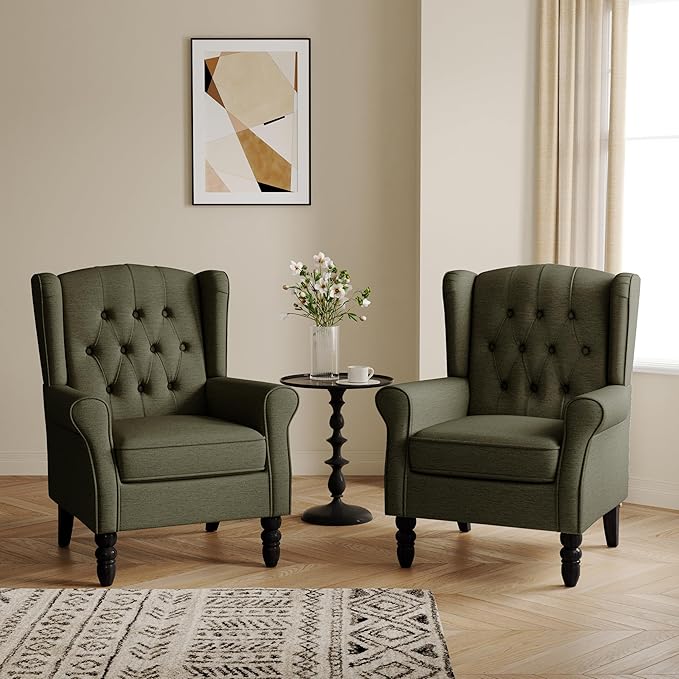Lumibee High Back Accent Chairs Set of 2,Upholstered Wingback Armchair with Solid Wood Legs for Small Spaces,Comfy Single Sofa Chair for Living Room, Bedroom, Office-Green