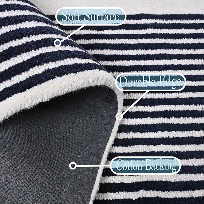 Modern Handmade Wool Area Rug, Abstract Curved Line Geometric Carpet for Living Room Bedroom, Contemporary Tufted Indoor Rug with Soft Pile and Cotton Backing (Ink, 9'x 12')