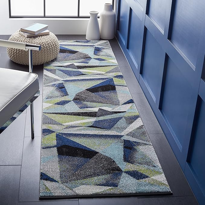 SAFAVIEH Porcello Collection Runner Rug - 2'3" x 18', Grey & Blue, Modern Abstract Design, Non-Shedding & Easy Care, Ideal for High Traffic Areas in Living Room, Bedroom (PRL6940G)