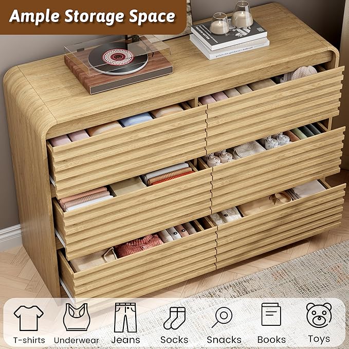 Fluted 6 Drawer Dresser for Bedroom, 47" Wide Wood Chests of Drawers with Curved Profile, Mid Century Modern Dresser with Large Storage & Hidden Handle for Living Room, Hallway, Natural Oak
