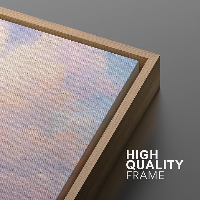 MUDECOR Framed Canvas Print Wall Art Serene Ocean Horizon with Soft Pink Clouds Illustrations Minimalism Decorative Bohemian Zen for Living Room, Bedroom, Office - 16"x24" NATURAL