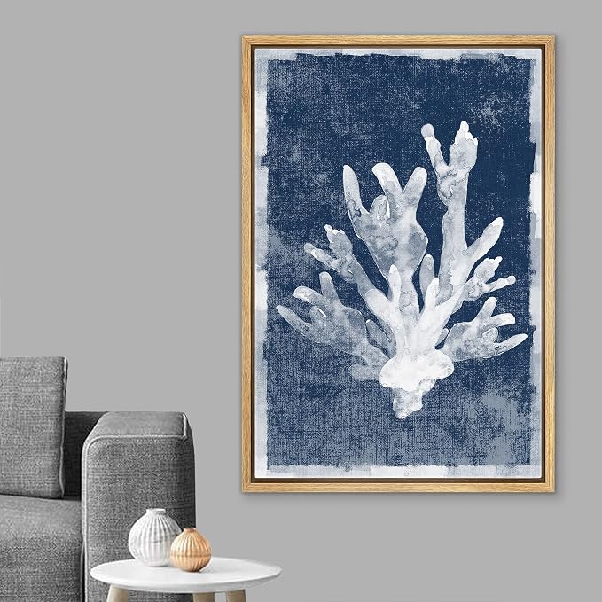 MUDECOR Framed Canvas Print Wall Art Watercolor Blot White Coral Nature Wilderness Illustrations Modern Art Beach Colorful Ultra for Living Room, Bedroom, Office - 24"x36" Natural