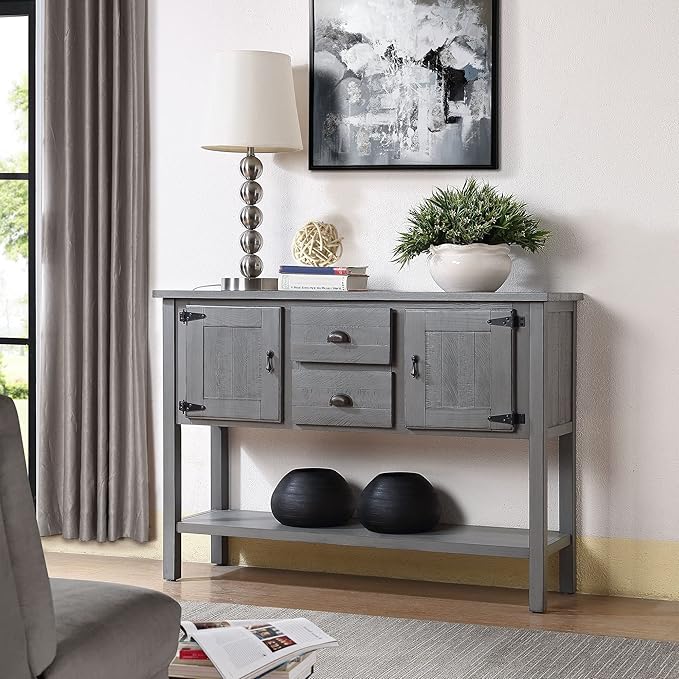 Merax Farmhouse Kitchen Sideboard Buffet Storage Cabinet with Drawers and Doors, Wood Sideboard Storage Cabinet with Open Shelf for Living Room Kitchen Dining Room, Antique Gray