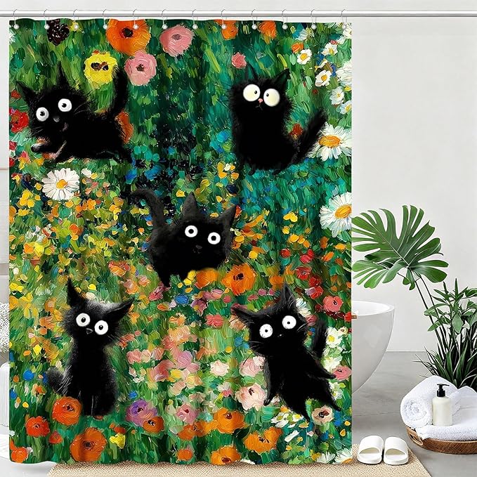 Funny Cats Shower Curtain Boho Vintage Flowers Shower Curtains for Bathroom Waterproof Fabric Bath Curtain Decor with Hooks