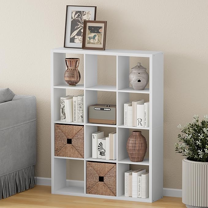 12-Cube Storage Organizer, Wooden Cube Shelf Bookcase with Reinforced Thick Shelves, Heavy-Duty 36.93" L x 9.37" W x 48.82" H, for Living Room Bedroom Home Office, White