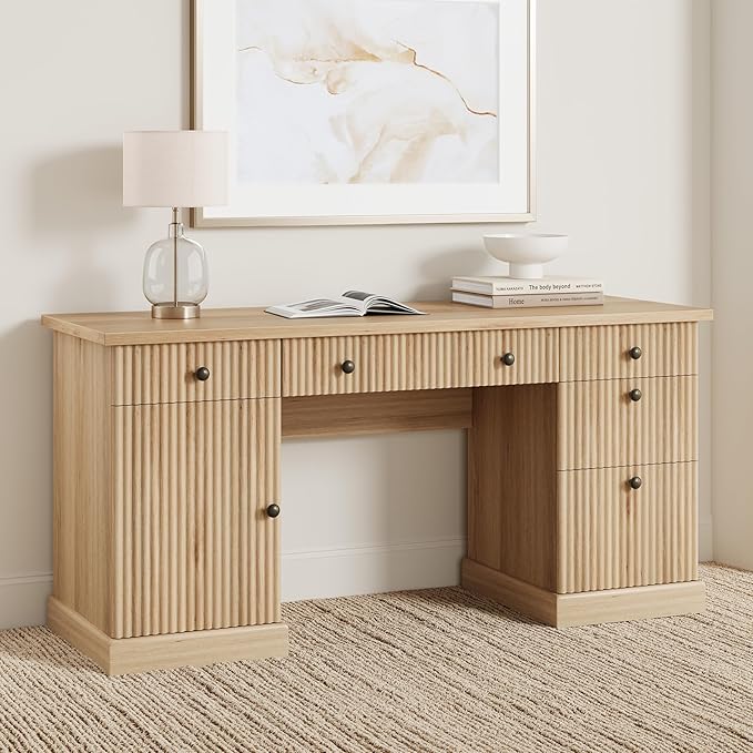 Garvee 60" Office Desk with Storage & Drawers. Fluted Wood Computer Desk with Power Outlet & Adjustable Shelves.Modern Executive Desk for Home Office/Bedroom/Gaming-Burlywood