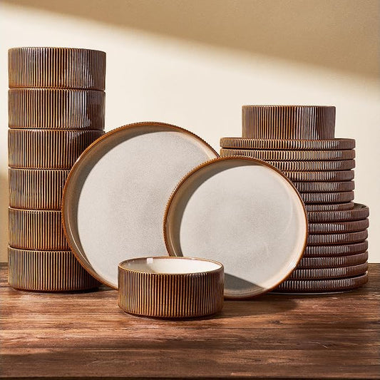 24-Piece Dinnerware Set Service for 8, Famiware Premium Stoneware Dish Set with Ribbed Plates and Deep Bowls, Double Reactive Glaze, Chip & Scratch Resistant, Microwave & Dishwasher Safe, Cream Cocoa