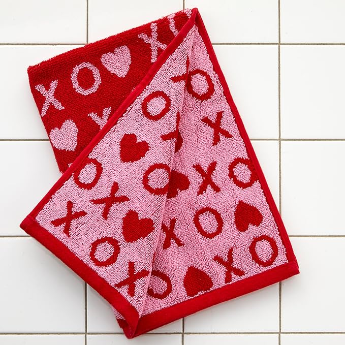 SKL Home Valentines Day Xs and Os Jacquard 100% Cotton Reversible 2pc Hand Towel Set, Decorative for Bath/Kitchen/Bar & Gift, Red