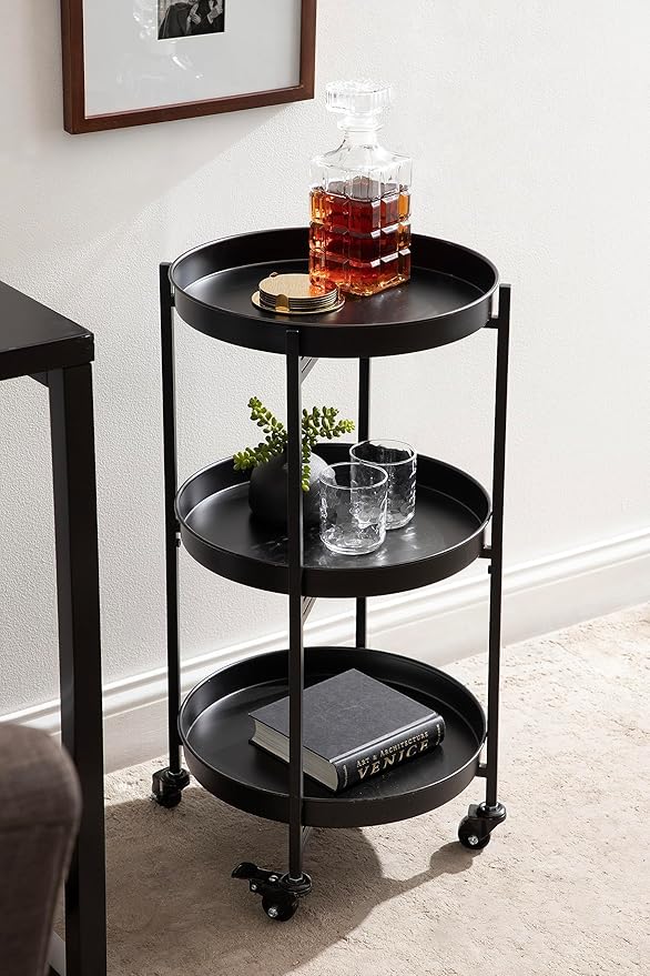 Kate and Laurel Celia Modern 3-Tier Bar Cart; 16 x 16 x 29; Black; Decorative Round Rolling Serving Cart with Lockable Wheels and Three Tiers of Storage and Display Space