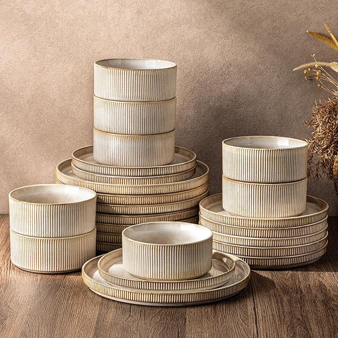 GBHOME 24-Piece Stoneware Dinnerware Set for 8 – Ribbed Ceramic Plates and Bowls, Scratch-Resistant, Microwave & Dishwasher Safe, Reactive Glaze, Cappuccino