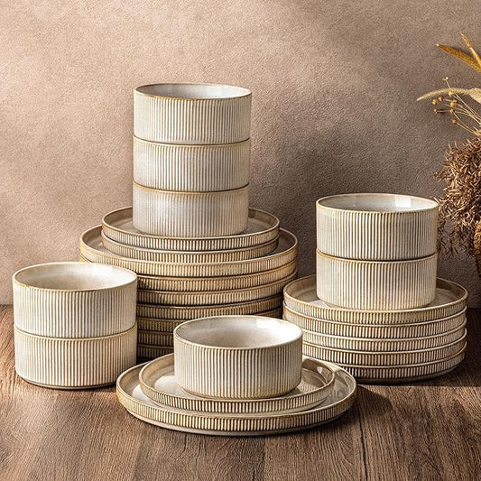 GBHOME 24-Piece Stoneware Dinnerware Set for 8 – Ribbed Ceramic Plates and Bowls, Scratch-Resistant, Microwave & Dishwasher Safe, Reactive Glaze, Cappuccino