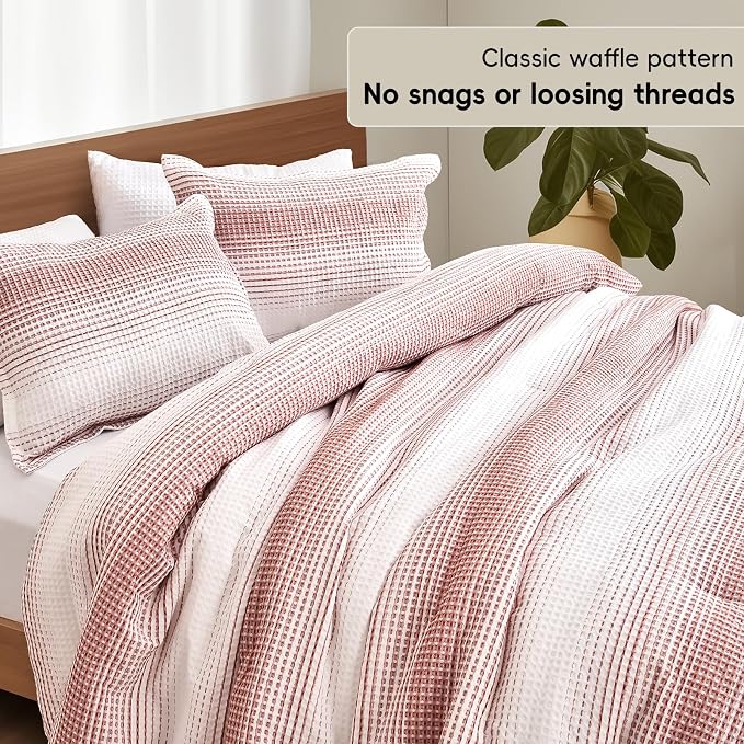 PHF Ultra Soft Yarn Dyed Waffle Weave Comforter Set King Size, 3 Pieces Lightweight Breathable Comfy Bedding Set, Comfy Textured 1 Comforter with 2 Pillow Shams, White and Brick