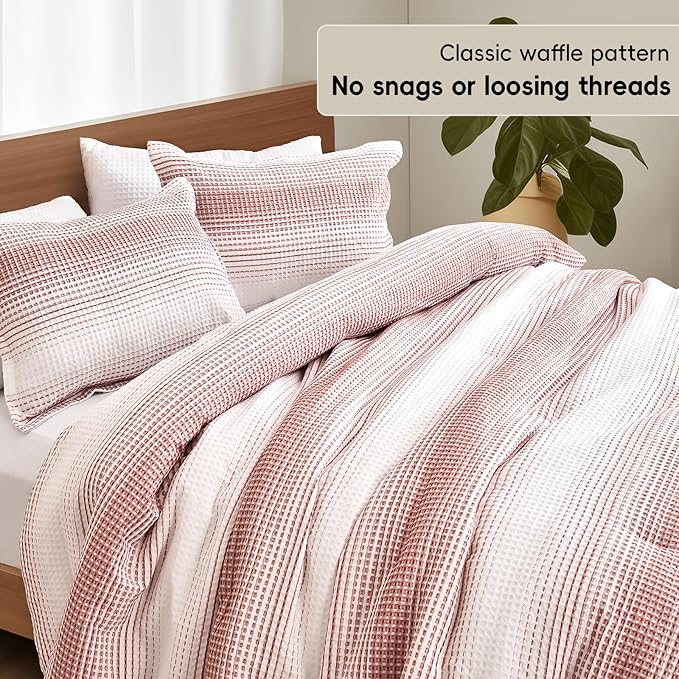 PHF Ultra Soft Yarn Dyed Waffle Weave Comforter Set Queen Size, 3 Pieces Lightweight Breathable Comfy Bedding Set, Comfy Textured 1 Comforter with 2 Pillow Shams, White and Brick