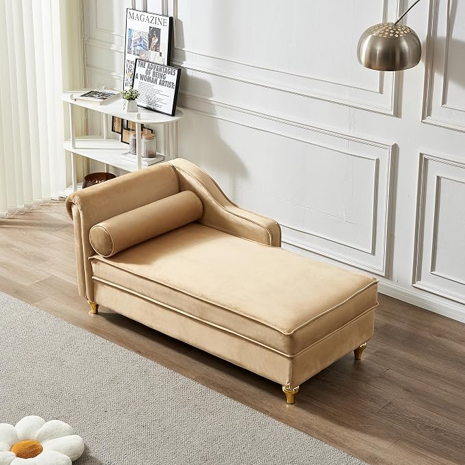 60.6''Velvet Chaise Lounge Indoor, Modern Velvet Lounge Chair with Left Armrest & Lumbar Pillow,Button Tufted Lounge Sofa with Storage for Bedroom, Living Room and Office，Khaki