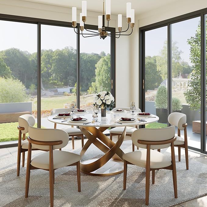 POVISON 59" Modern Round Dining Table, White Round Kitchen Table for 6, Sintered Stone Dining Room Table top with Bronze X Carbon Steel Base (Dining Table Only)