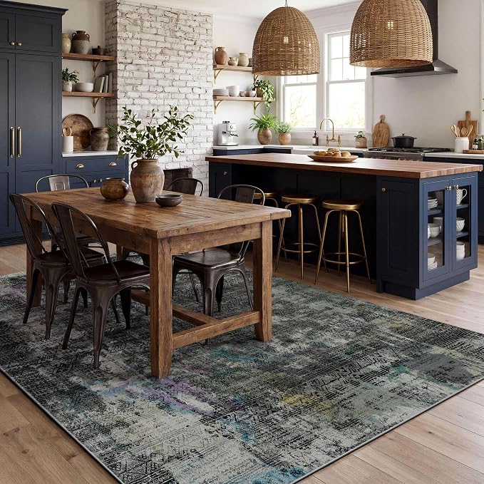 Kokia Abstract Area Rugs 9x12 Bedroom Washable Decor Low Pile Non-Slip Non-Shedding Indoor Black-Gray Carpet Foldable Stain Resistant Floor Mat Living Room Dining Room
