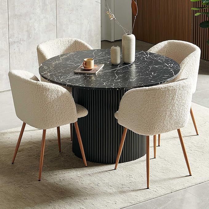 Modern Mid-Century Dining Table Set for 4, Black Round Kitchen Table Fluted and Off White Dining Arm Chairs Set Upholstered Fluffy Faux FurReception Chairs with Metal Legs,Black Marble Look