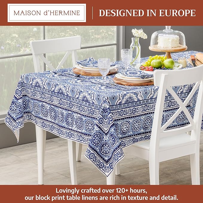 Maison d' Hermine Table Cloth Rectangle Table 100% Cotton 54 x 72 Inches Tablecloth Reusable Decorative for Dining Room Farmhouse Home Valentines Day Decorations Spring Summer - Melodie Bleue
