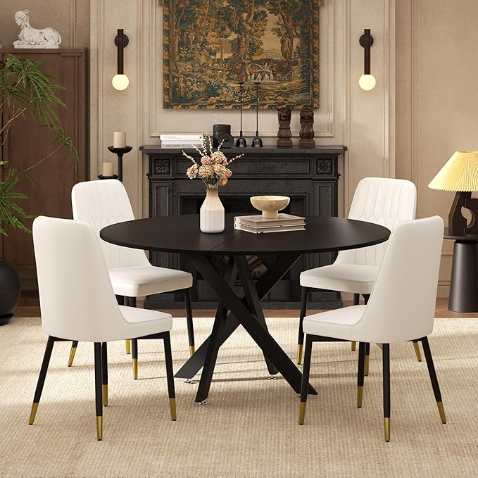 RGZ Mid Century Black Round Dining Table Set for 4, 47" Large Wooden Circle Kitchen Table & 4 White PU Leather Kitchen Chairs, Dinner Table Set for Home, Apartment, Dining Room