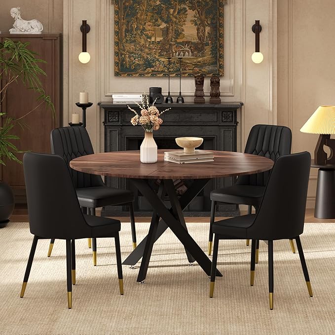 RGZ Mid Century Walnut Round Dining Table Set for 4, 47" Large Wooden Circle Kitchen Table & 4 Black PU Leather Kitchen Chairs, Dinner Table Set for Home, Apartment, Dining Room